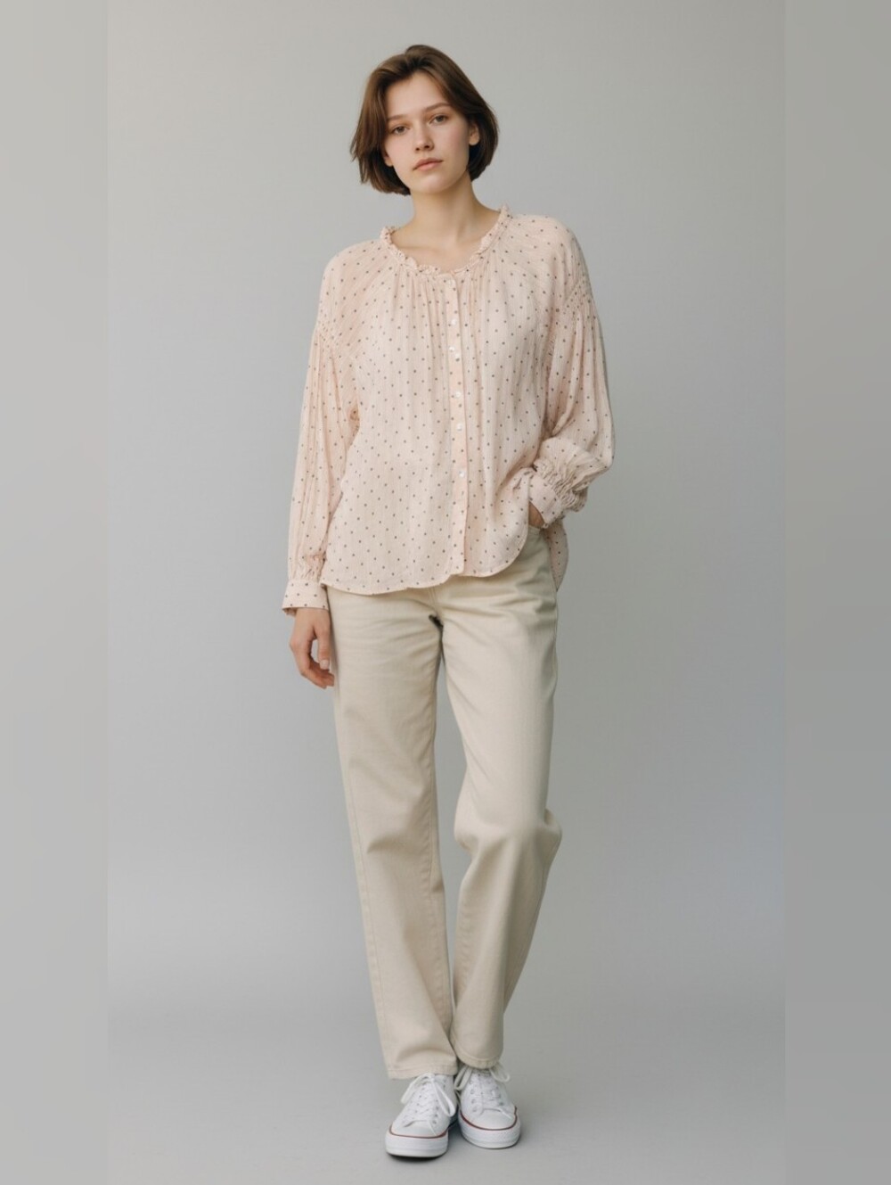 Mango Light Pink Dotted Peasant Blouse - Women